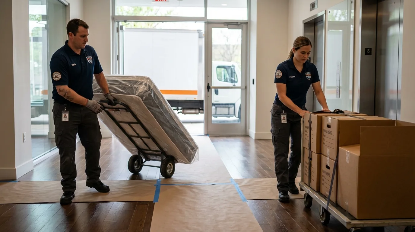 Professional apartment movers loading elevator in Lake City, FL