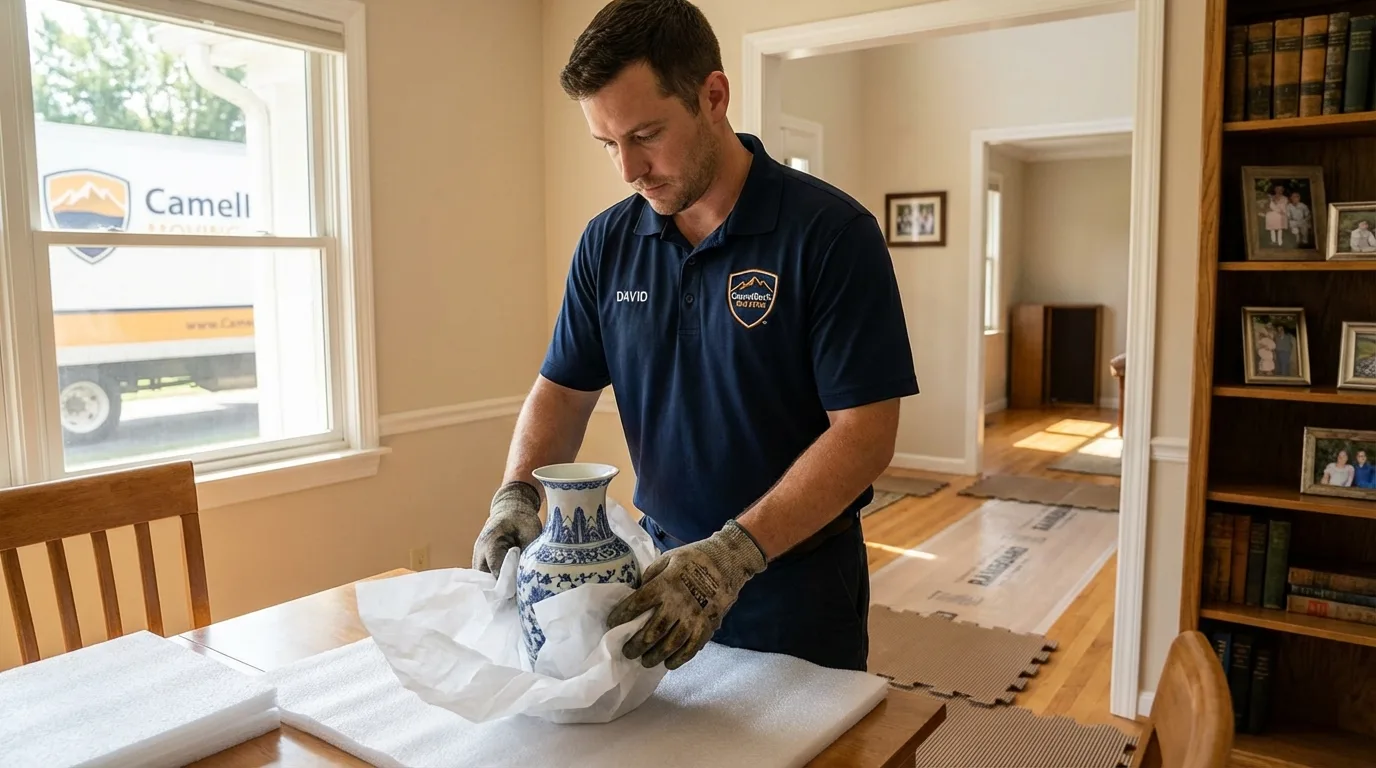 Professional crew carefully wrapping antique vase for senior downsizing move in Lake City, FL